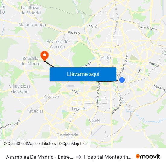 Asamblea De Madrid - Entrevías to Hospital Montepríncipe map