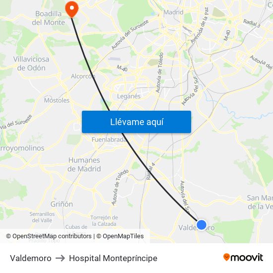 Valdemoro to Hospital Montepríncipe map