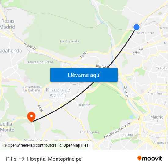 Pitis to Hospital Montepríncipe map