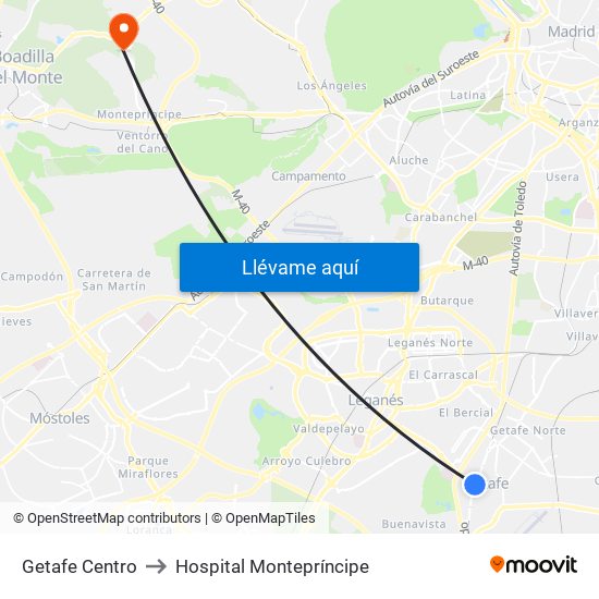 Getafe Centro to Hospital Montepríncipe map