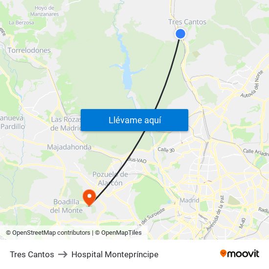 Tres Cantos to Hospital Montepríncipe map