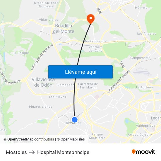 Móstoles to Hospital Montepríncipe map