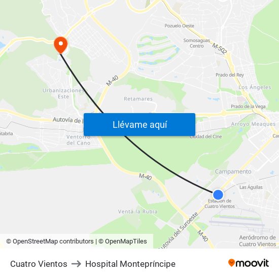 Cuatro Vientos to Hospital Montepríncipe map