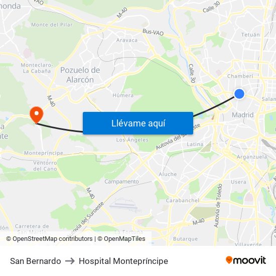 San Bernardo to Hospital Montepríncipe map