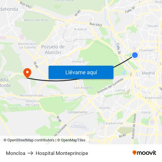 Moncloa to Hospital Montepríncipe map