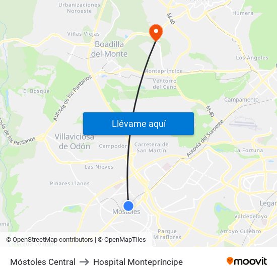 Móstoles Central to Hospital Montepríncipe map