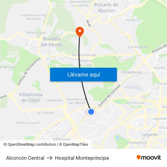 Alcorcón Central to Hospital Montepríncipe map