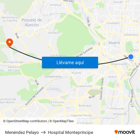Menéndez Pelayo to Hospital Montepríncipe map