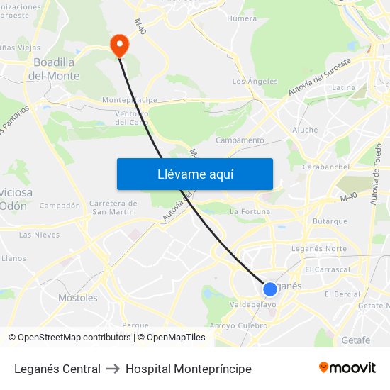 Leganés Central to Hospital Montepríncipe map