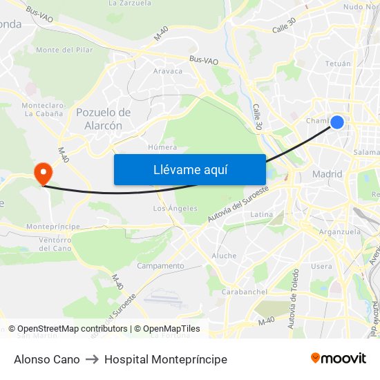 Alonso Cano to Hospital Montepríncipe map