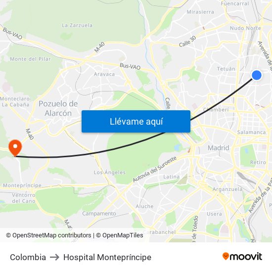 Colombia to Hospital Montepríncipe map