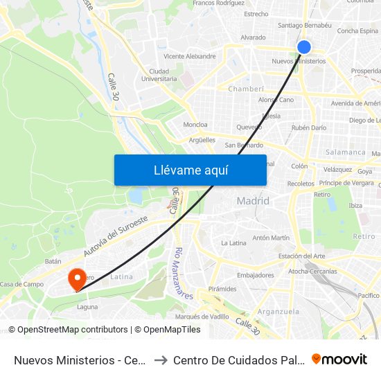 Nuevos Ministerios - Centro Comercial to Centro De Cuidados Paliativos Laguna map