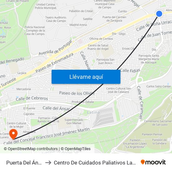 Puerta Del Ángel to Centro De Cuidados Paliativos Laguna map