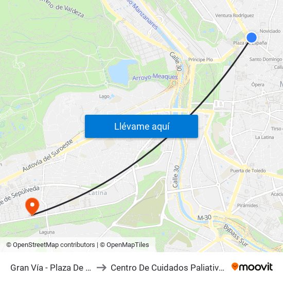 Gran Vía - Plaza De España to Centro De Cuidados Paliativos Laguna map