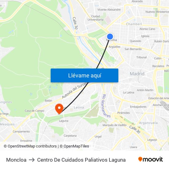 Moncloa to Centro De Cuidados Paliativos Laguna map