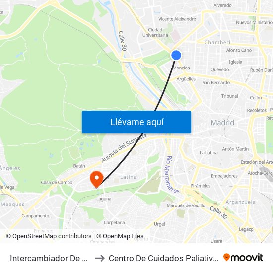 Intercambiador De Moncloa to Centro De Cuidados Paliativos Laguna map
