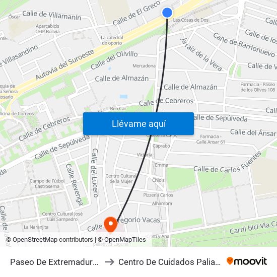 Paseo De Extremadura - El Greco to Centro De Cuidados Paliativos Laguna map