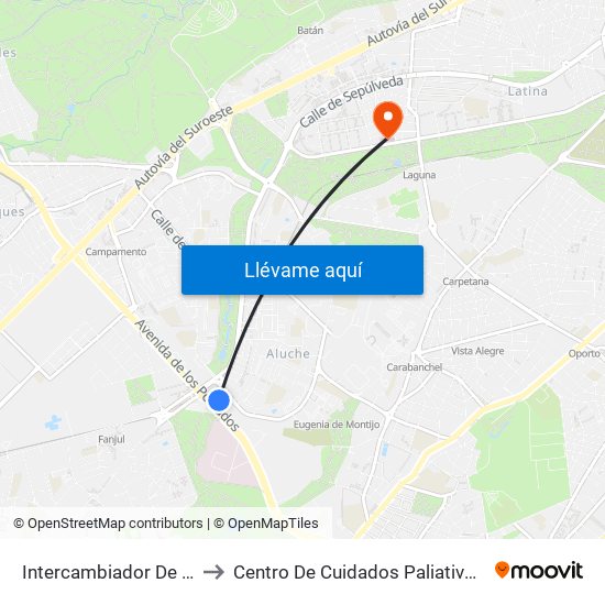 Intercambiador De Aluche to Centro De Cuidados Paliativos Laguna map