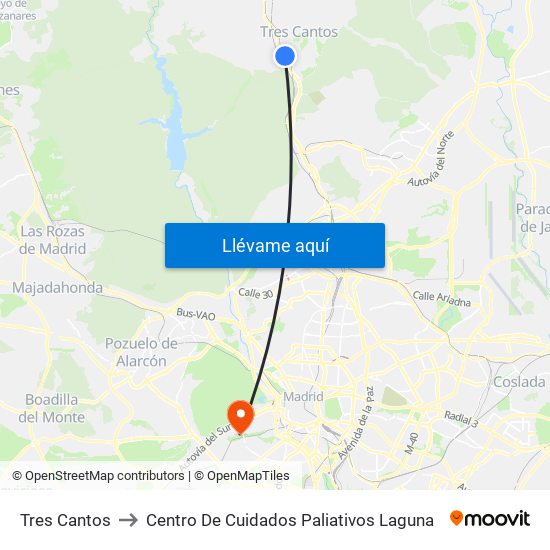 Tres Cantos to Centro De Cuidados Paliativos Laguna map