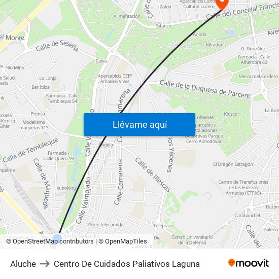 Aluche to Centro De Cuidados Paliativos Laguna map