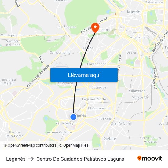 Leganés to Centro De Cuidados Paliativos Laguna map