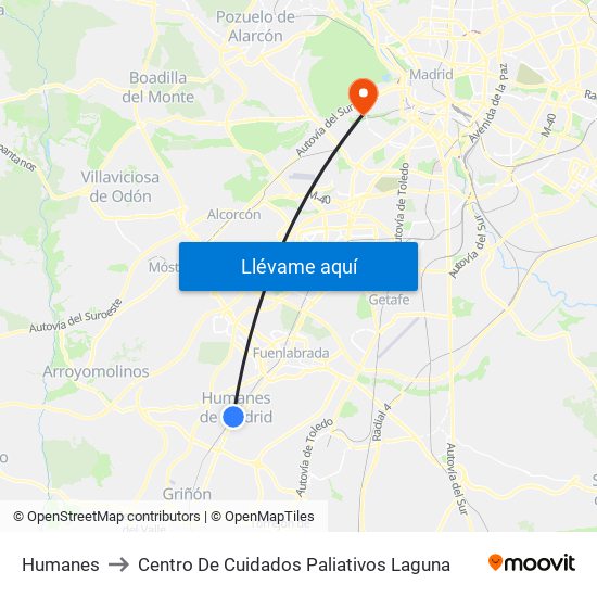 Humanes to Centro De Cuidados Paliativos Laguna map