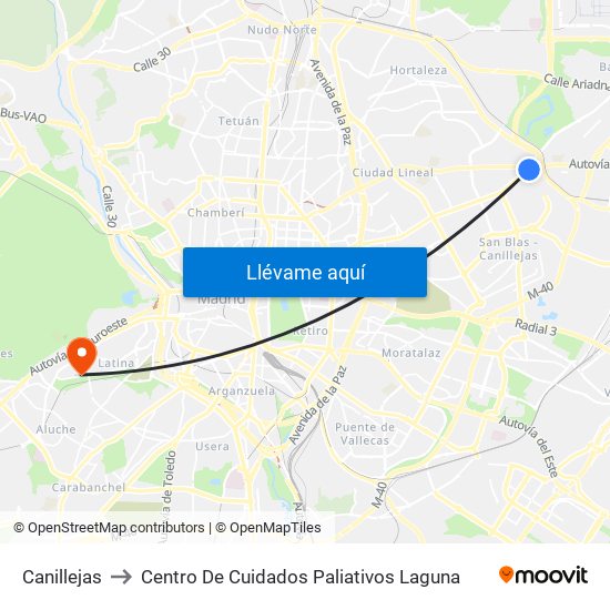 Canillejas to Centro De Cuidados Paliativos Laguna map