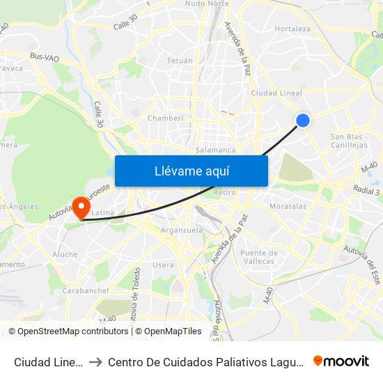 Ciudad Lineal to Centro De Cuidados Paliativos Laguna map