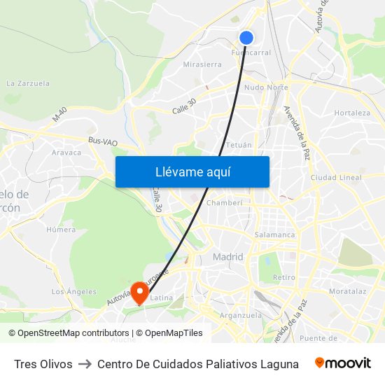Tres Olivos to Centro De Cuidados Paliativos Laguna map