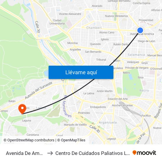 Avenida De América to Centro De Cuidados Paliativos Laguna map