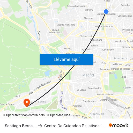 Santiago Bernabéu to Centro De Cuidados Paliativos Laguna map