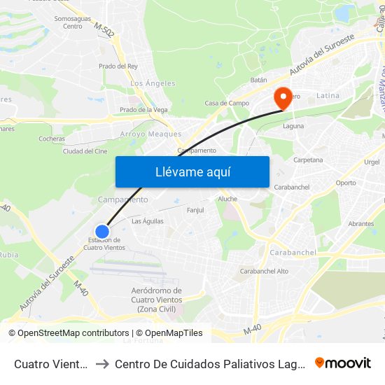 Cuatro Vientos to Centro De Cuidados Paliativos Laguna map