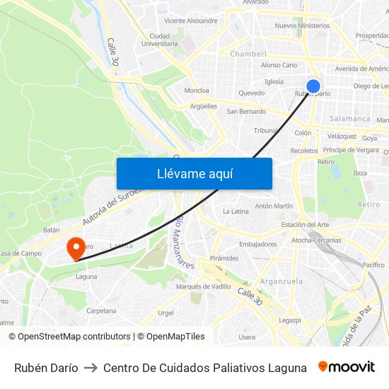 Rubén Darío to Centro De Cuidados Paliativos Laguna map