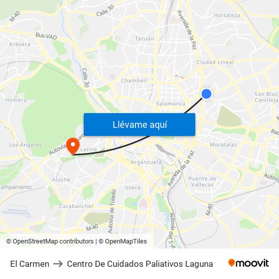 El Carmen to Centro De Cuidados Paliativos Laguna map