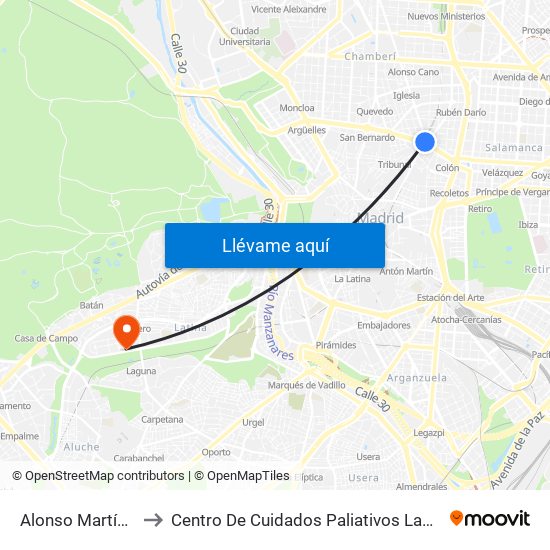 Alonso Martínez to Centro De Cuidados Paliativos Laguna map