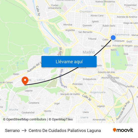 Serrano to Centro De Cuidados Paliativos Laguna map