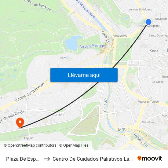 Plaza De España to Centro De Cuidados Paliativos Laguna map