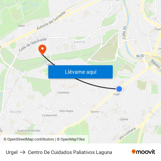 Urgel to Centro De Cuidados Paliativos Laguna map