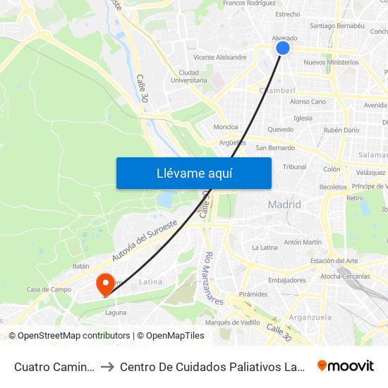 Cuatro Caminos to Centro De Cuidados Paliativos Laguna map