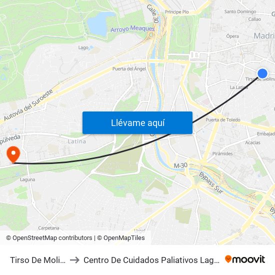 Tirso De Molina to Centro De Cuidados Paliativos Laguna map