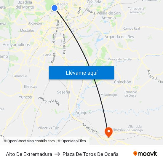 Alto De Extremadura to Plaza De Toros De Ocaña map