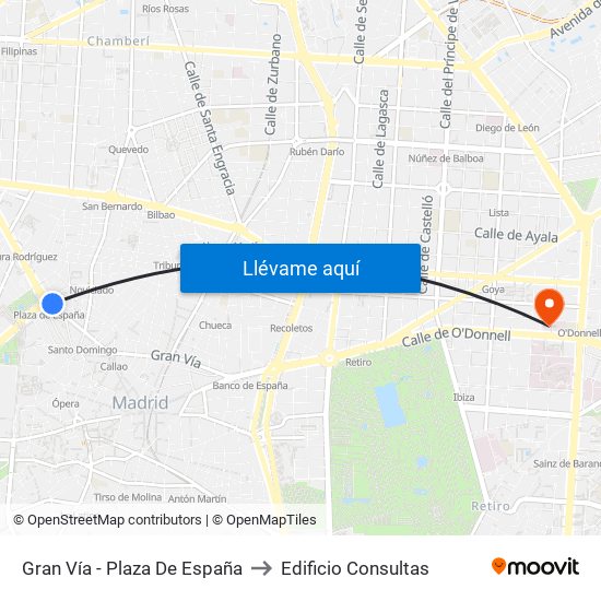 Gran Vía - Plaza De España to Edificio Consultas map