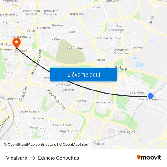 Vicálvaro to Edificio Consultas map
