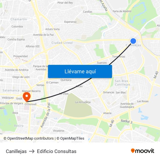 Canillejas to Edificio Consultas map