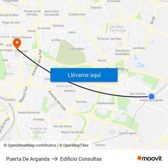 Puerta De Arganda to Edificio Consultas map