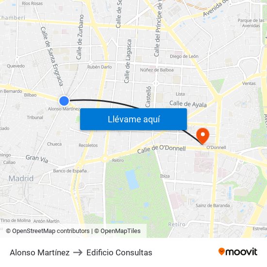 Alonso Martínez to Edificio Consultas map