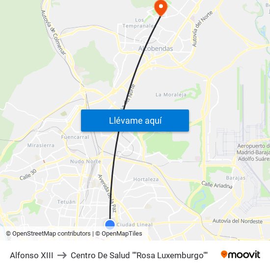 Alfonso XIII to Centro De Salud ""Rosa Luxemburgo"" map