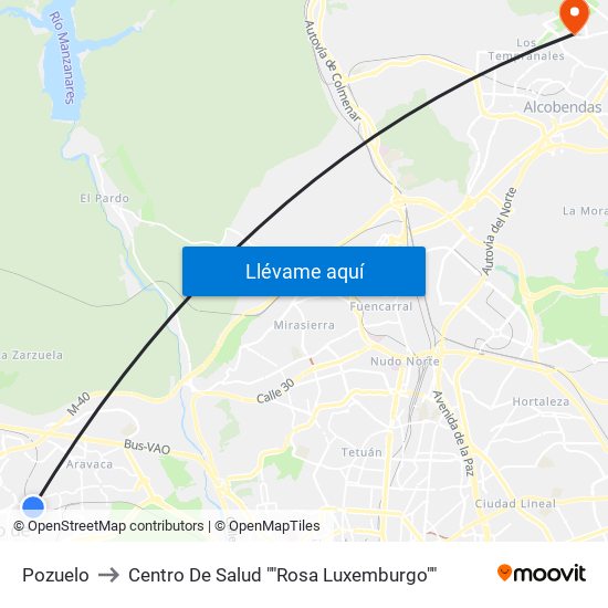 Pozuelo to Centro De Salud ""Rosa Luxemburgo"" map