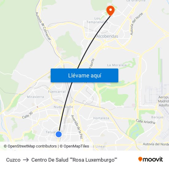 Cuzco to Centro De Salud ""Rosa Luxemburgo"" map