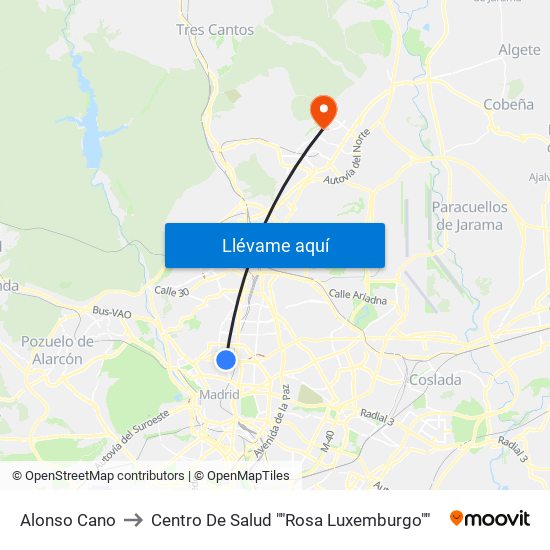 Alonso Cano to Centro De Salud ""Rosa Luxemburgo"" map